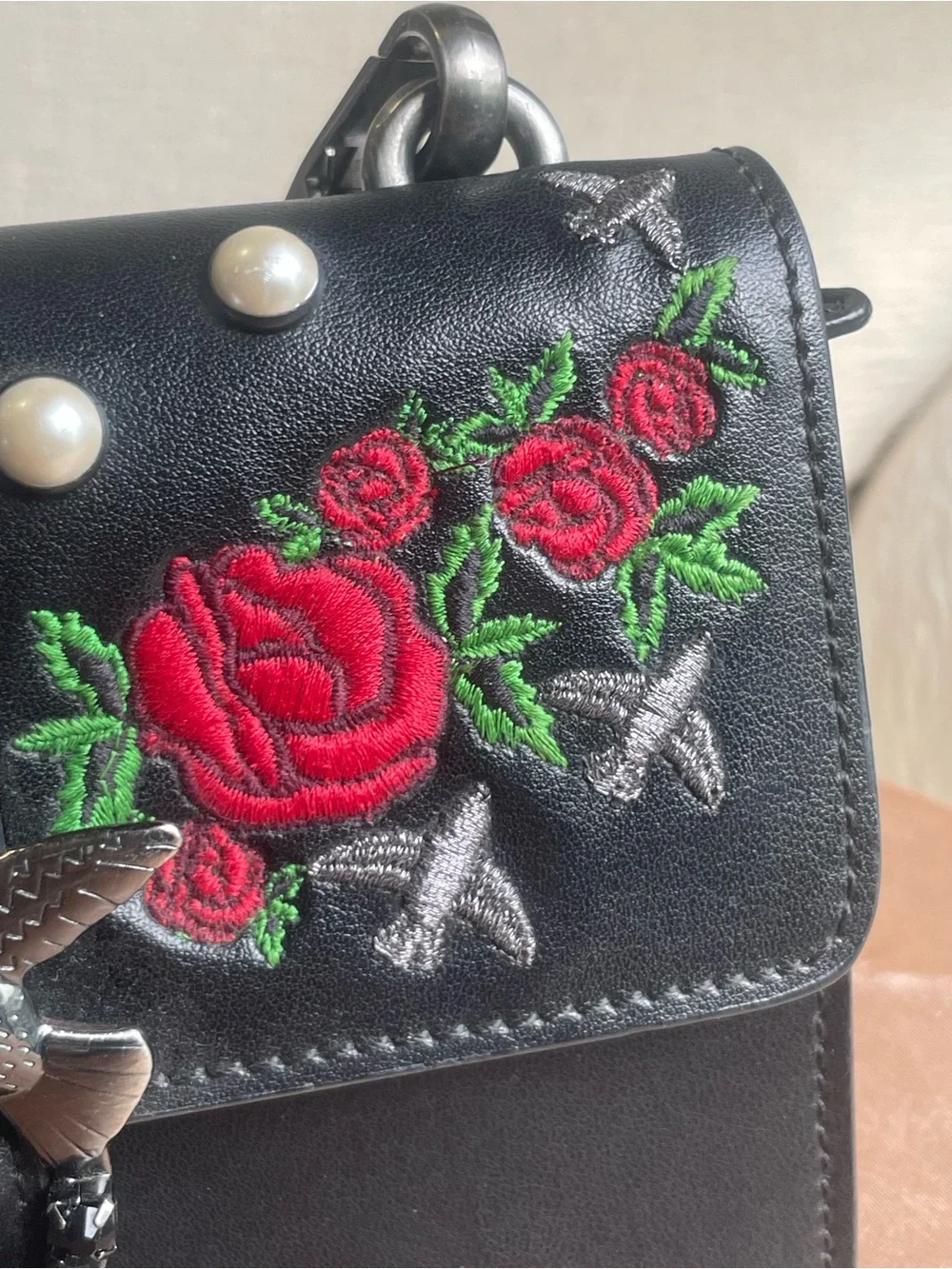 Pinko Black Crossbody with Red Rose Embroidery and Pearl Accents